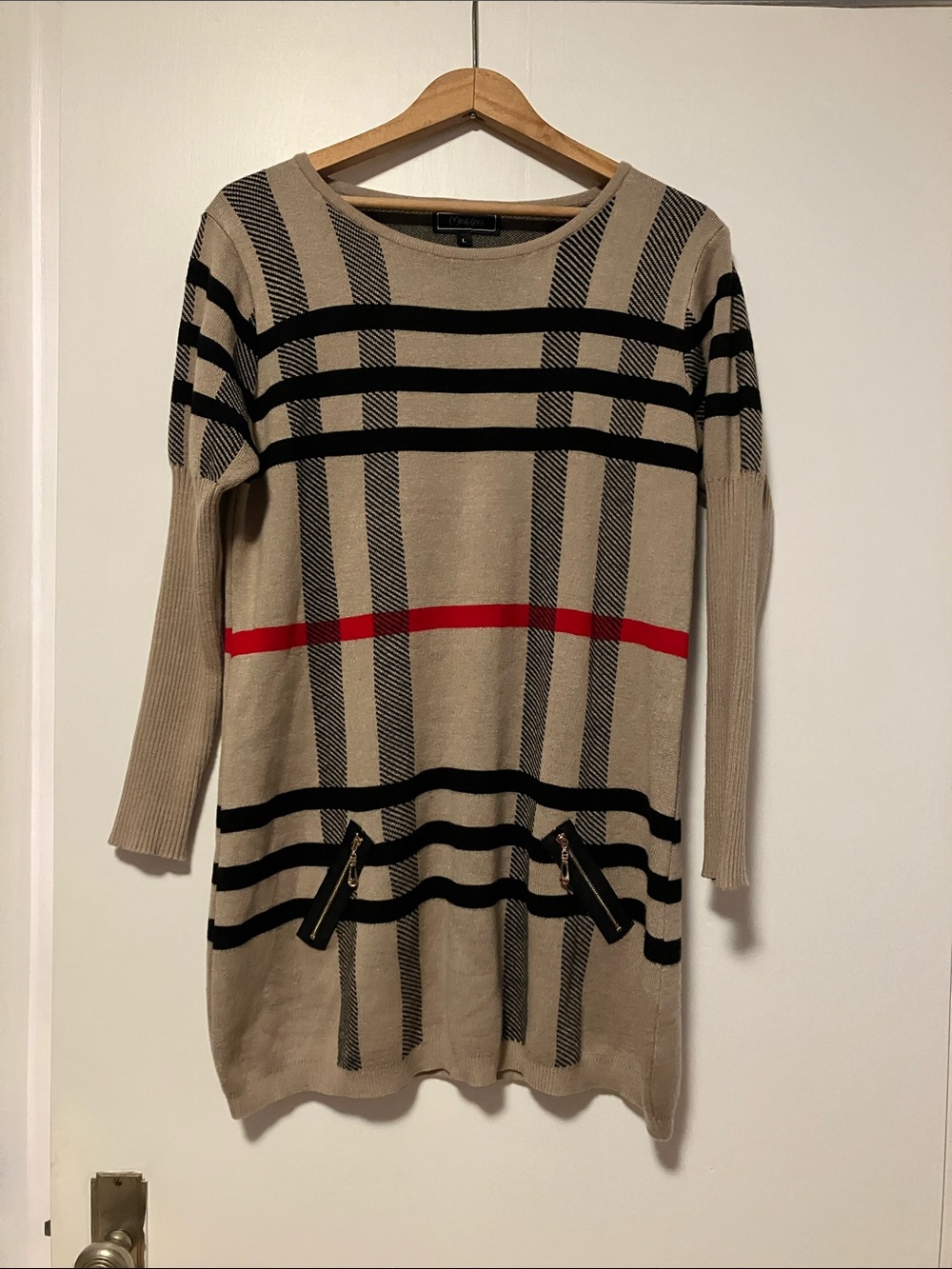 Beige Plaid Long-Sleeve Knit Dress 25% Cashmere Like New